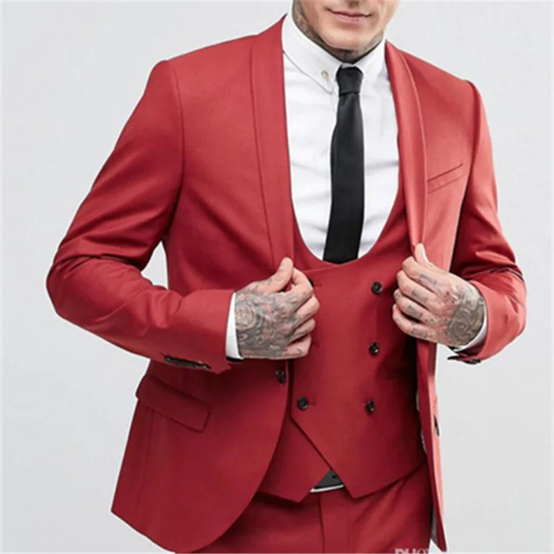 Изготовленные на заказ Мужские костюмы с воротником-шалью из 3 предметов(куртка+ брюки+ жилет+ галстук), красный цвет, модная мужская одежда на одной пуговице для жениха 323