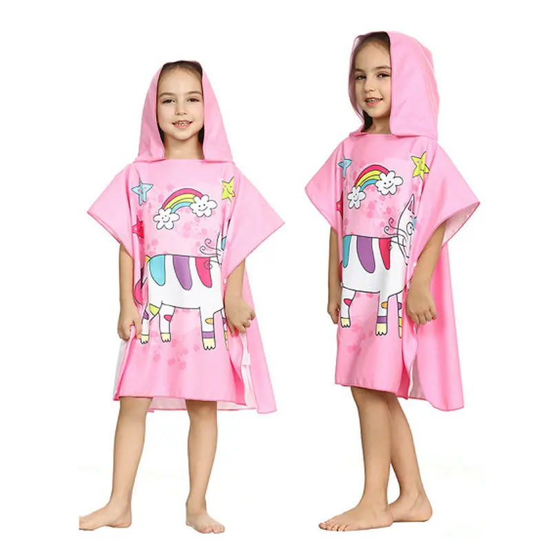 Kaufen Neue Nette Karton Kinder Mit Kapuze Mantel Strand Handtücher Tier Gedruckt Mikrofaser Absortbent Pool Schwimmen Dusche Bademantel für Junge Mädchen