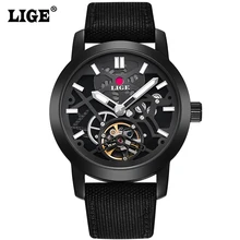 LIGE Marque Hommes de montres De Mode Casual Automatique Montre Hommes Étanche Militaire montres Homme bracelet en Toile Noir Horloge