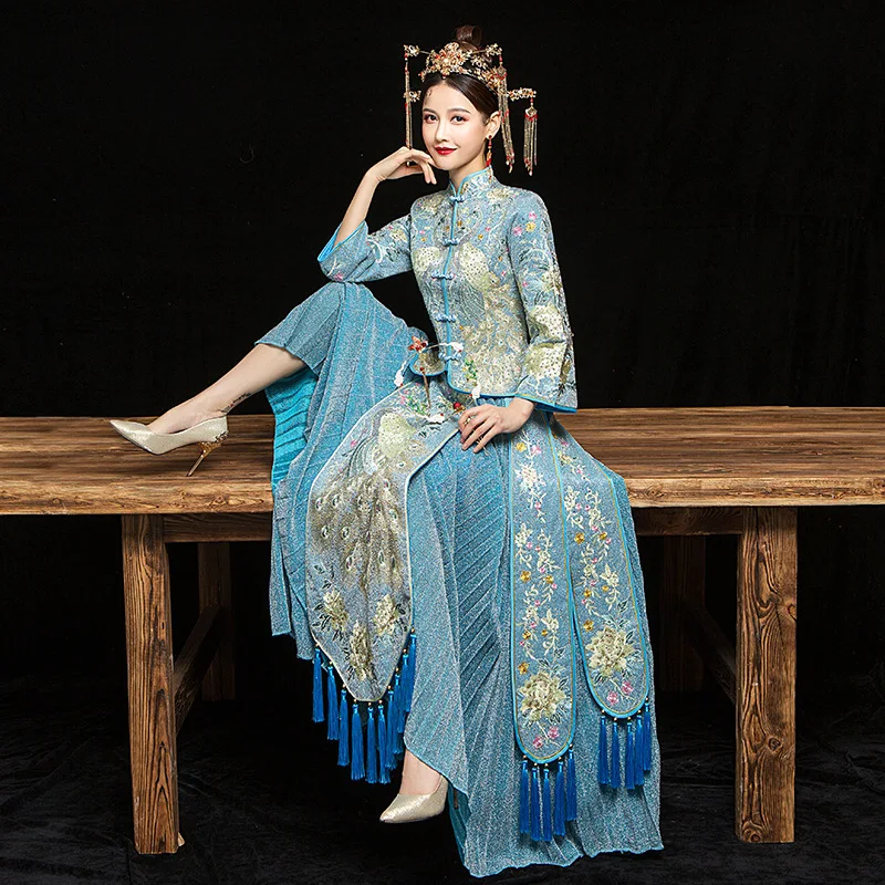 

Blue Phoenix Embroidery Hot Diamond Bridal Show Wo Suits Vintage Chinese Wedding Sets Dragon And Phoenix Coat+cheongsam Skirt