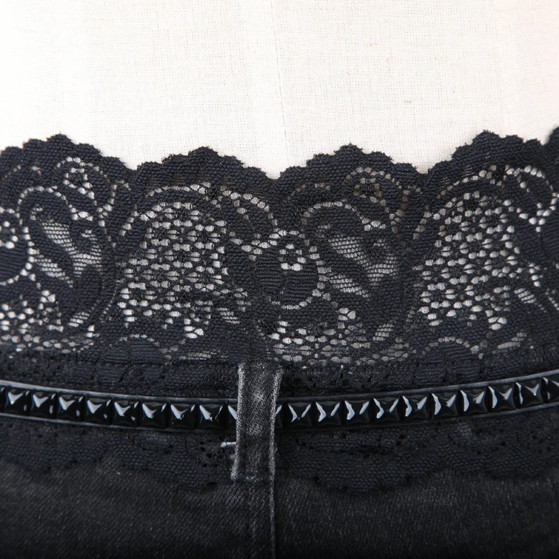 Negro Shorts Pantalones Verano Spliced Steampunk Encaje Cintura Baja Sexy Mini Cortos Moda Hot Corto Clubwear Denim Punk Mujeres ZwPzqw