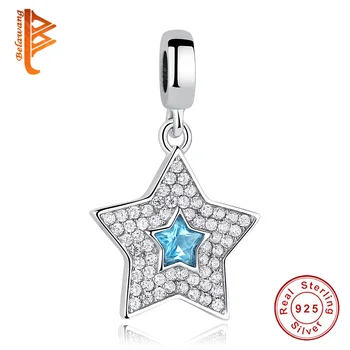 

BELAWANG Authentic 925 Sterling Silver Wishing Star Charm Fit Women Original DIY Bracelet Blue Crystal Charm Jewelry Accessories