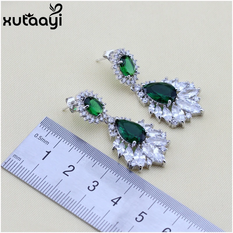 XUTAAYI зеленый создан изумруд белые камни Мода 925 серебряные ювелирные изделия цвет наборы Превосходное ожерелье кольца серьги браслет