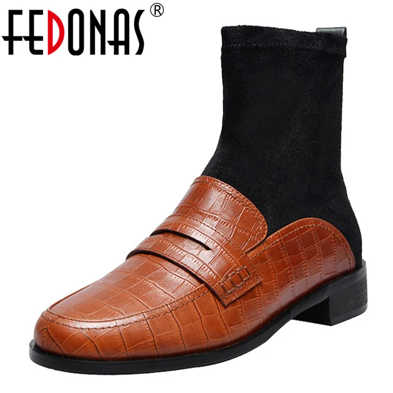 

FEDONAS 2019 New Fashion Slip-on Socks Boots Top Quality Women Genuine Leather Ankle Boots Solid Square Heels Party Shoes Woman