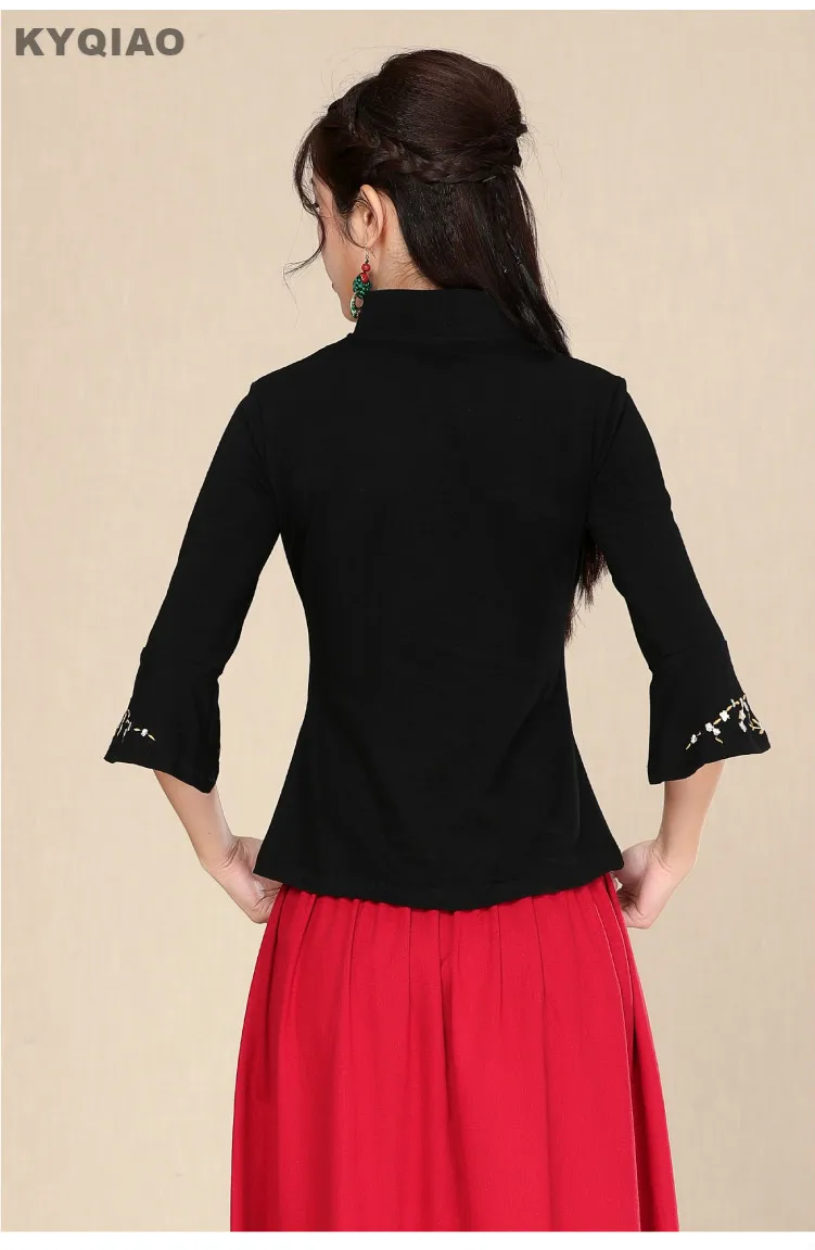KYQIAO традиционная китайская одежда Плюс Размер Женская одежда Женский Осенний воротник стойка черная блузка с вышивкой blusa