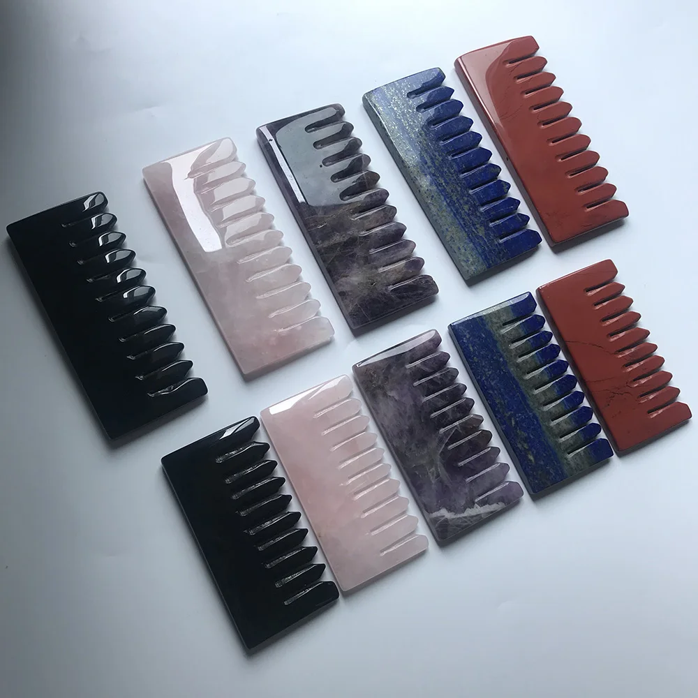 New Design Natural Various Crystal Dream Amethyst Rose Quartz Black Obsidian Lapis Lazuli Red Jasper Massage Comb for Beauty SQ