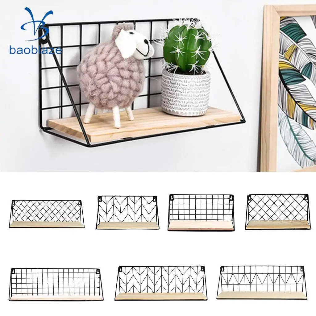 Iron Wall Hanging Storage Organizer with Pine Wood Board Plants Holder for Bedroom, Living Room, Bathroom, Kitchen, Office