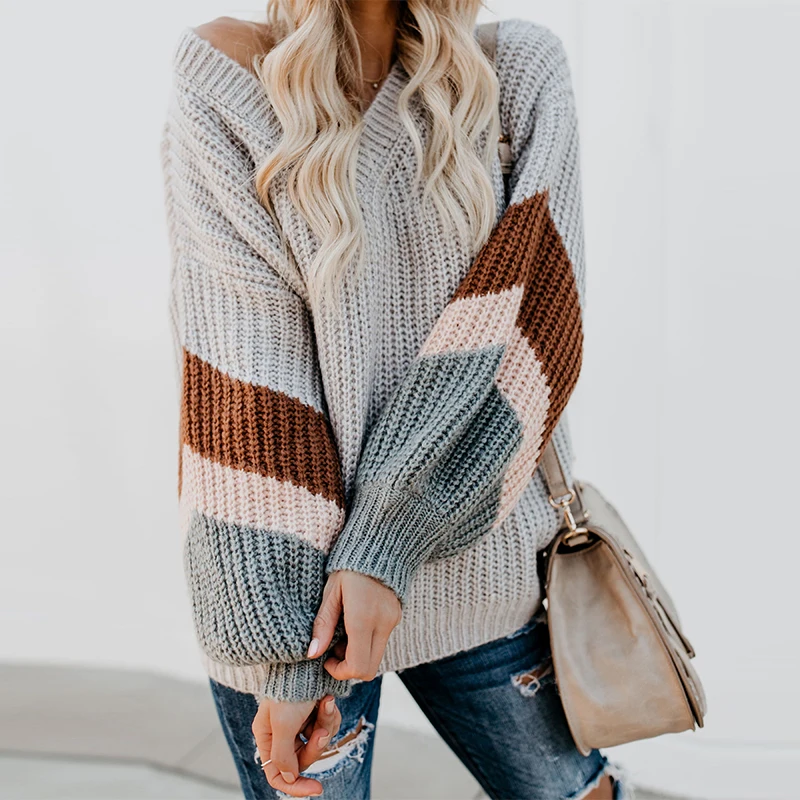 

WHOSONG Casual Autumn Striped Splice Knitted Pullovers Sweater Women Elegant V Neck Lantern Sleeve Sweaters Winter Jumper
