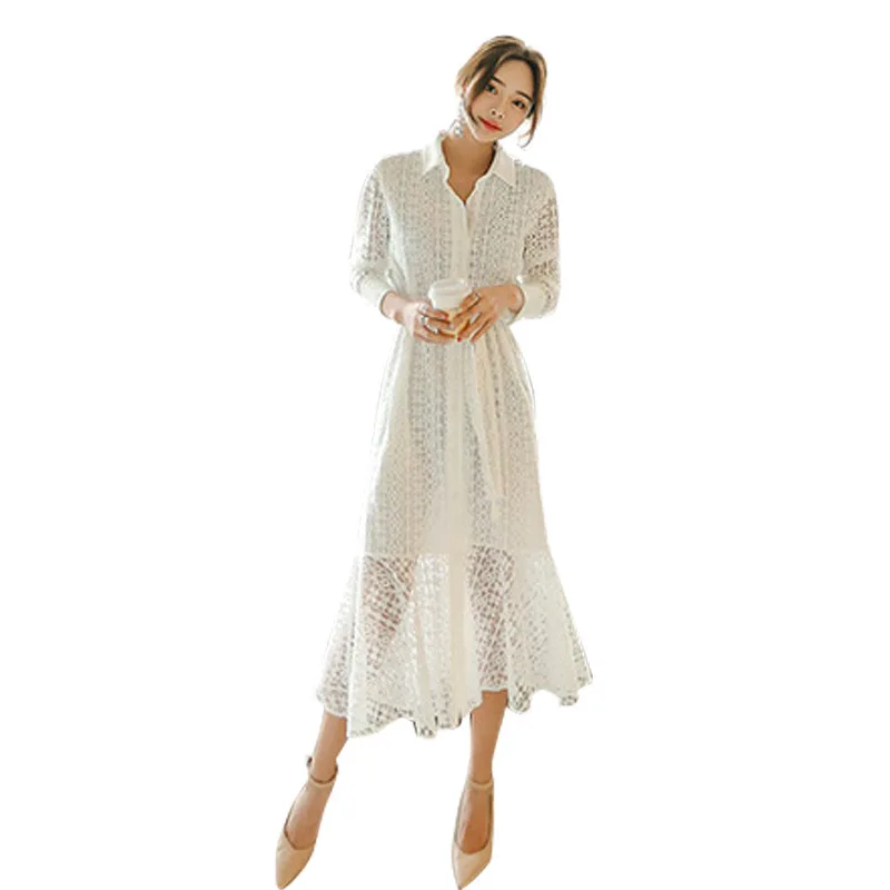Весеннее винтажное ажурное кружевное платье с длинным рукавом, цельное длинное платье для женщин, элегантное женское платье, Femme Vestidos A136