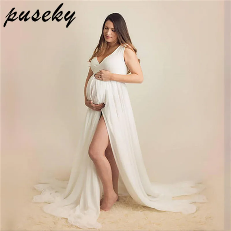 Puseky Maxi Chiffon Maternity Gown V-neck Maternity Photogrpahy Dresses Sleeveless Maternity Photo Shoot Long Chiffon Dress