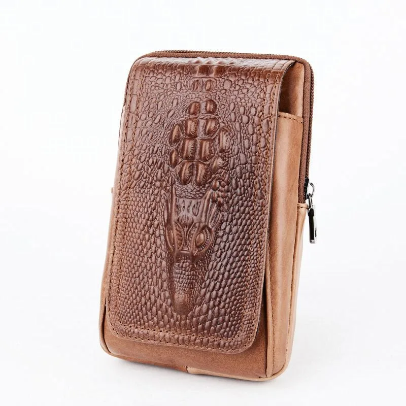 YIANG Men Crocodile Pattern Waist Packs Genuine Leather Cowhide Retro Mobile Phones Bags Belt Clip Bag Fanny Bag Cigarette Pouch