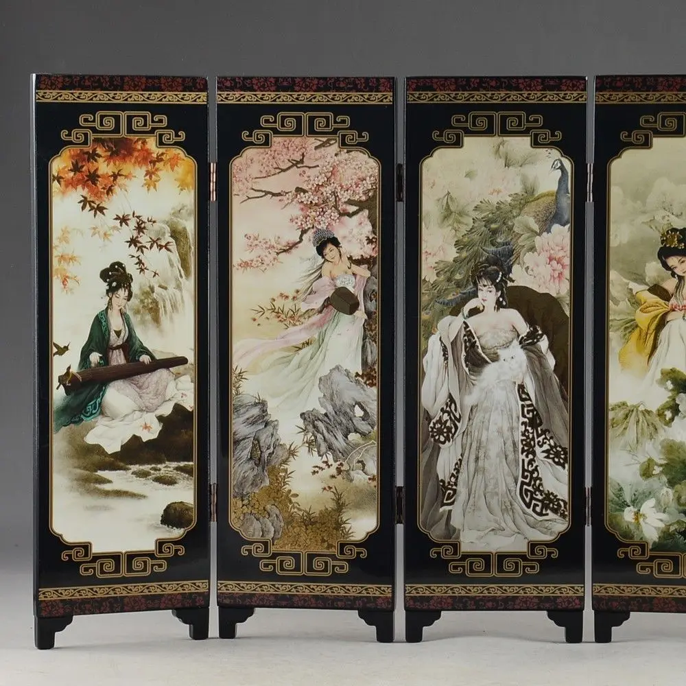 CHINA LACQUER WARE OLD HAND PAINTING BELLE COLLECTIBLES BEAUTY NICE FOLDING SCREEN decoration