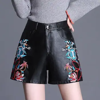 

2018 Autumn Winter New Women's Trousers Fashional High Waist Embroidery Short Pants For Women PU Leater Broad Leggs Pants A230