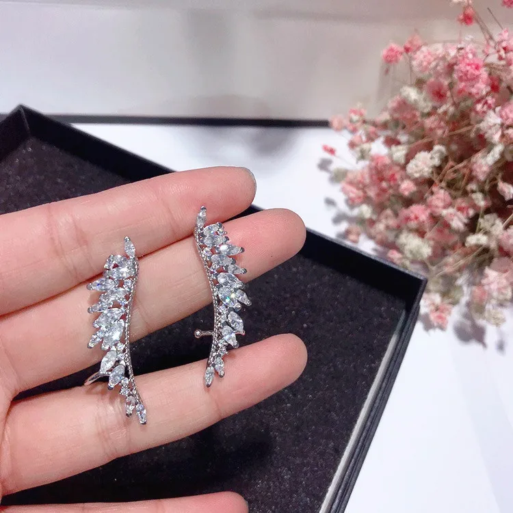 cry-stal wings feather cz earrings 925 silver stud Hypoallergenic fadeless alloy fashion jewelry clip earrings for women gift