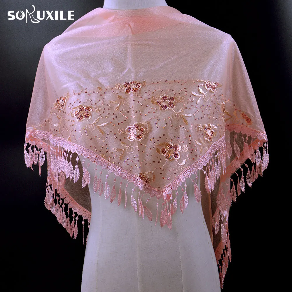

SOKUXILE Women Scarf Girls Flower Artificial silk Triangle scarf tassel pendant drop elegant decoration scarves