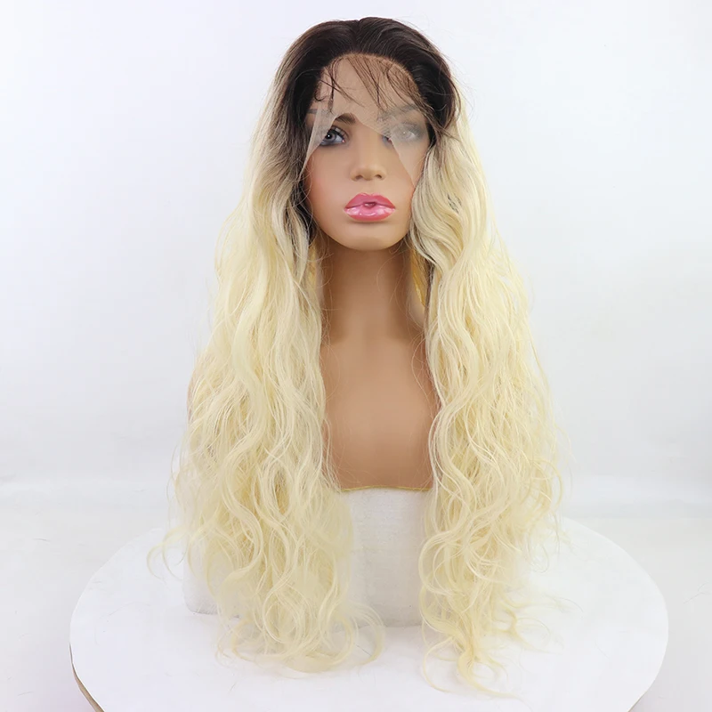 

Natural Hairline With Baby Hair 26" High Temperature Fiber Long Water Wave Dark Black 613 Ombre Blonde Synthetic Lace Front Wig