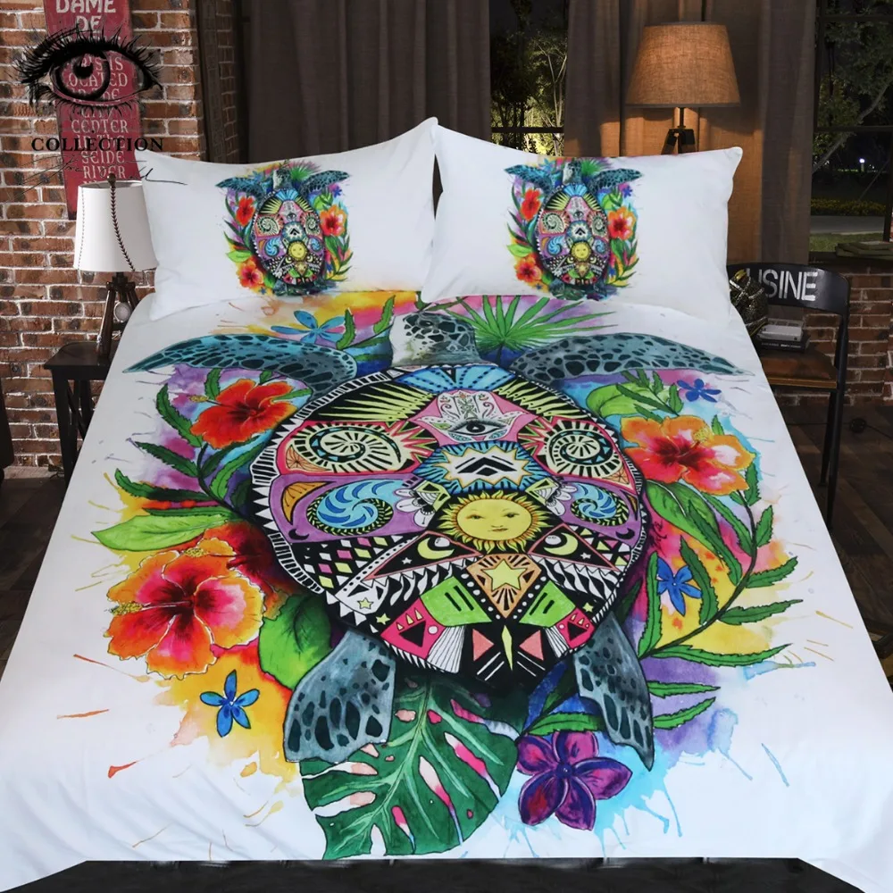 Us 29 7 40 Off Turtle Life By Pixie Cold Art Bedding Set Bohemian Duvet Cover Fl Colorful Bedclothes 3pcs Tortoise Home Textiles Queen In