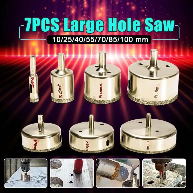 7PCS Large 10-100mm Diamond Hole Saw Tile Ceramic Glass Porcelain Marble Drill Bit Set