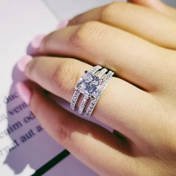 

solid 925 Sterling Silver cushion cut CZ 3PCS in 1 Wedding Ring Set for Bridal Women Finger Gift Africa Fashion Jewelry LR4849S
