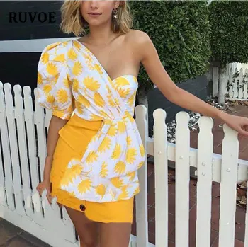 

2019 Summer New Women Sexy Blouse Shirt Short Sleeve Yellow Pattern Cute Top Blouse Shirt Vocation Fashion Beach Blouse RXD-067