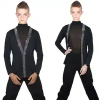 Latin Dance Shirts Boys Black Rhinestone Jacket Coat Vest Children Competition Performance Dancing Top Samba Costumes DNV10247