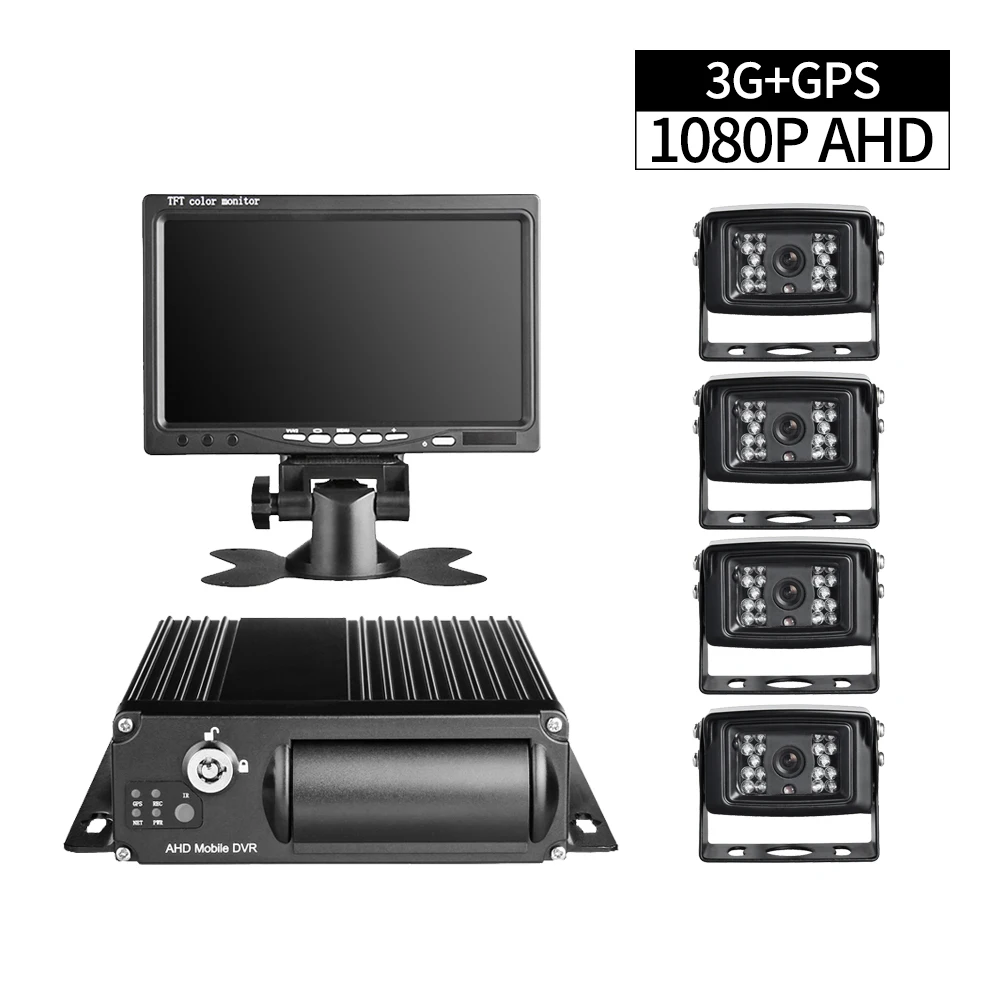 

New 4Pcs Metal 2.8MM 120degree AHD Camera +3G GPS Real Time Monitoring 4CH 256G SD Mobile Dvr Mdvr +7Inch Car Monitor+32G SD