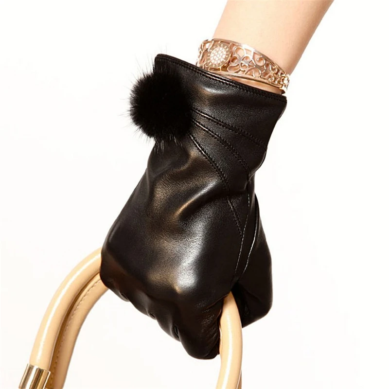 

Brand Genuine Leather Gloves High Quality Women Sheepskin Fashion Trend Winter Warm Five Finger Driving Leather Gloves EL022NR