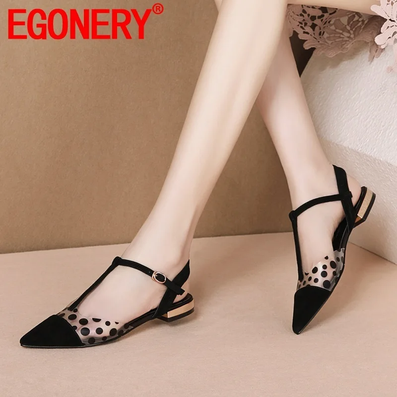 

EGONERY woman shoes 2019 summer new concise casual kid suede woman sandlas outside comfortable pointed toe buckle ladies shoes