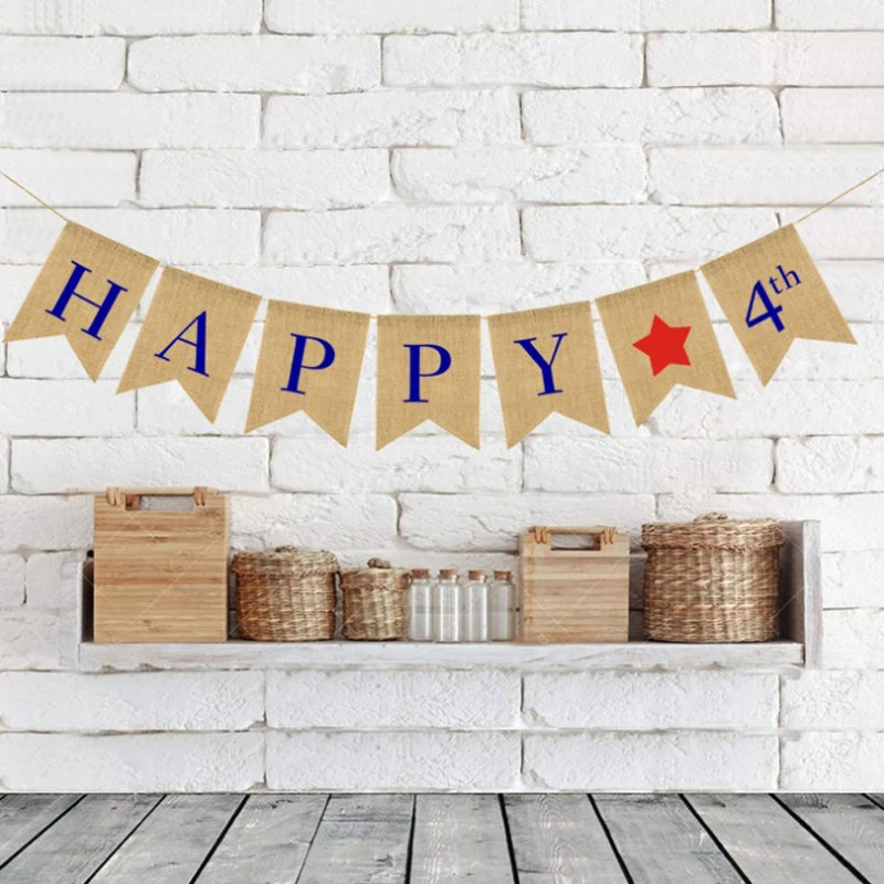 

1 Set Creative Jute Burlap Happy 4th American Independence Day Colorful USA Swallowtail Banner Party Door Wall Decoration