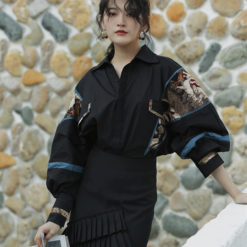 

2019 Fashion new arrival women vintage patchwork black loose shirt casual temperament comfortable personality street girls shirt
