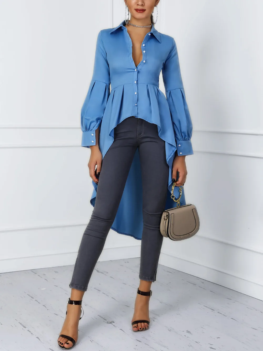 2020 Women Fashion Office Elegant Workwear Casual Shirt Ladies Top Lantern  Sleeve Button Design Dip Hem Blouse - Blouses & Shirts - AliExpress