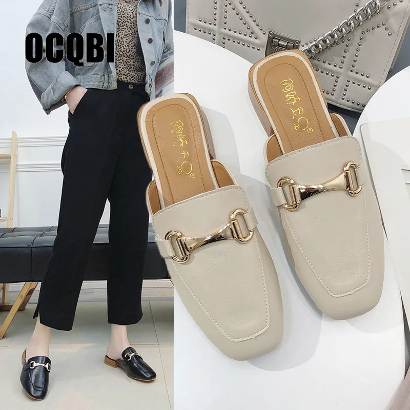 

Women PU Leather Mules Metal Buckle Fashion Design Spring Slides Pointed Toe 2.5CM Square Heels Slippers Slip On Black Beige