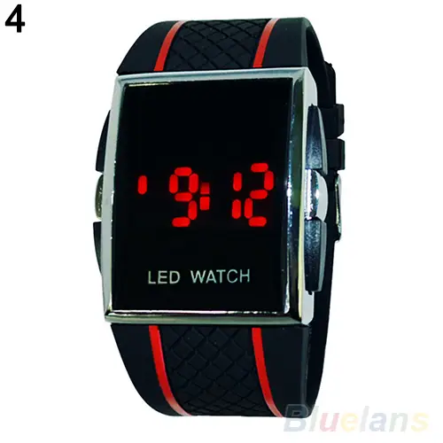 new square mirror face silicone band digital watch red led watches metal frame wristwatch sport clock
