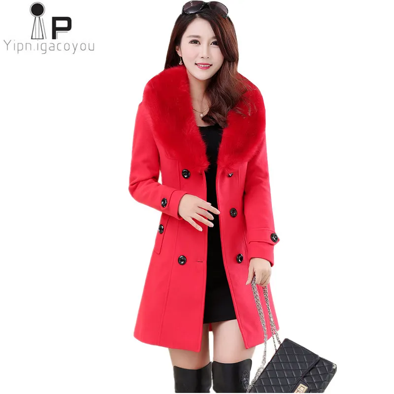 

Harajuku Long Winter Coat Women Wool Coat Korean Plus Size Warm Red /black Double Breasted Windbreaker Elegant Womens Coats 5XL
