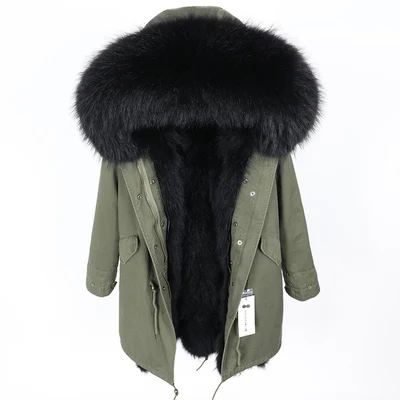 Зимняя женская куртка из натурального Лисьего меха, длинная парка, пальто из натурального меха, Толстая теплая уличная одежда, повседневная отстегивающаяся брендовая Роскошная куртка - Цвет: green black D