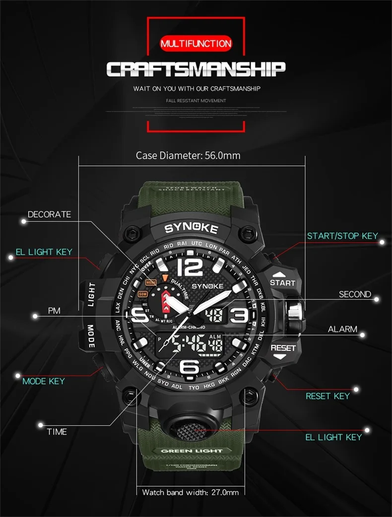 BIG BOSS Men's Watch New Brand Fashion Fitness Outdoor Mountaineering Dual Display Electronic Multifunction Waterproof Military