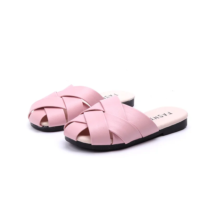 Летние сандалии для девочек; белые детские шлепанцы; модные Нескользящие Вьетнамки розового цвета на плоской подошве; пляжные шлепанцы для девочек; Цвет Черный