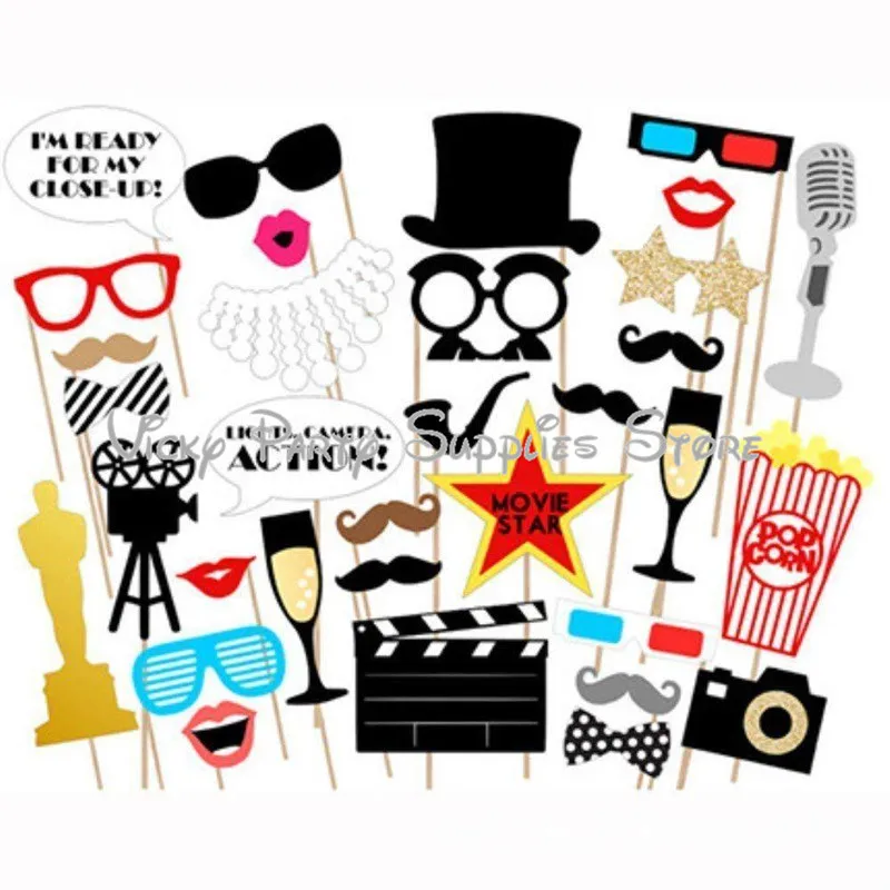 

33pcs/lot Movie Cinema Theme Party Photobooth Props Wedding Baby Shower Decorations Cartoon Photo Booth Props Party Supplies