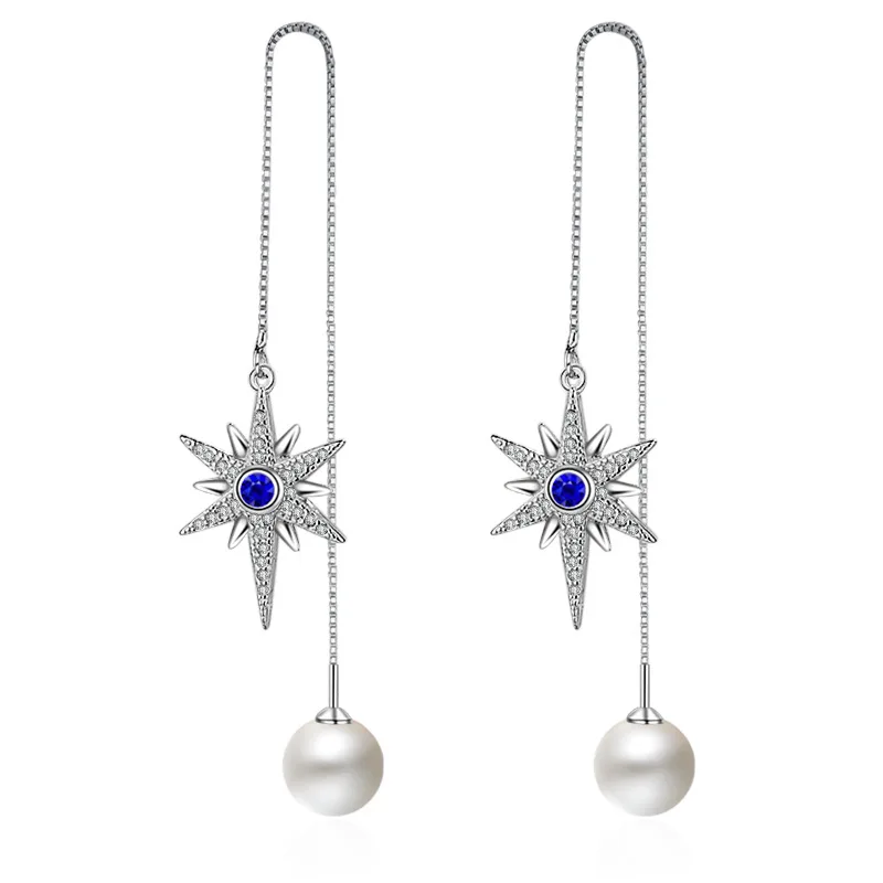 

High quality fashion shiny crystal imitation pearl female 925 sterling silver ladies`long drop earrings jewelry gift wholesale