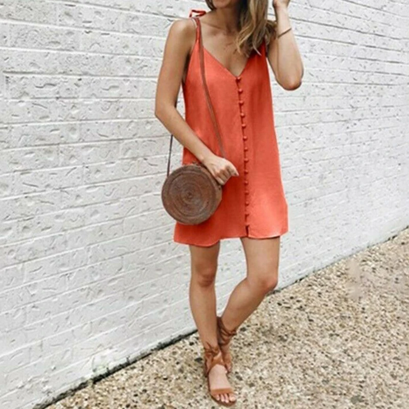Women Sexy V-Neck Beach Dress Strappy Button Bikini Cover Up Dress Lady Casual Loose Sundress Cover-Ups Beach Wear Tunic Dresses