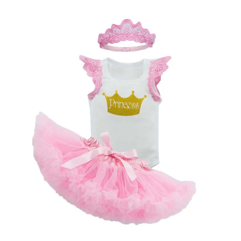 

Newborn Pink Baby Set Tutu Skirts Headband Bodysuits 3 Pieces Set For Birthday Princess Crown Ruffles Baby Girl Clothes Sets