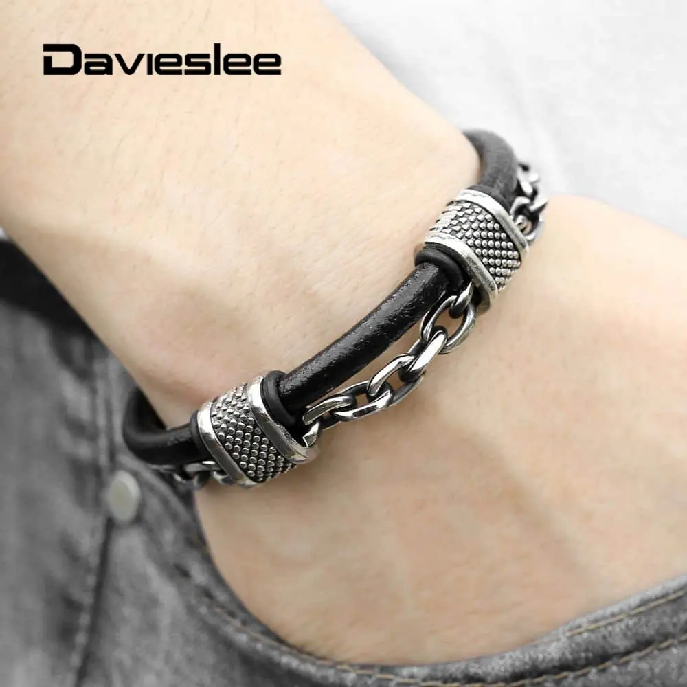 Двухслойные мужские и женские браслеты из нержавеющей стали, кожаный браслет, черные, коричневые звенья цепи, браслеты для женщин и мужчин LDLB162