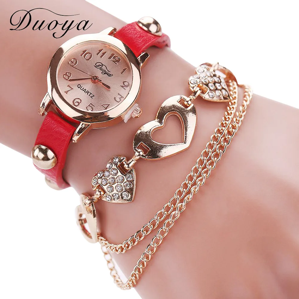 Brand New Duoya Watches Women Brand Gold Heart Luxury Leather Wristwatches Women Dress Bracelet Chain Bracelet Watch July15
