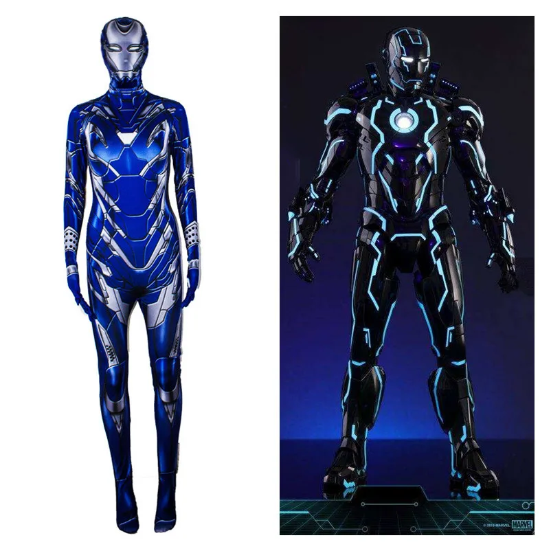 

New Anime Neon Tech Iron Man 2 Tony Stark Cosplay Costumes Blue Super Armor Zentai Jumpsuits Halloween Catsuit Robert Downey Jr