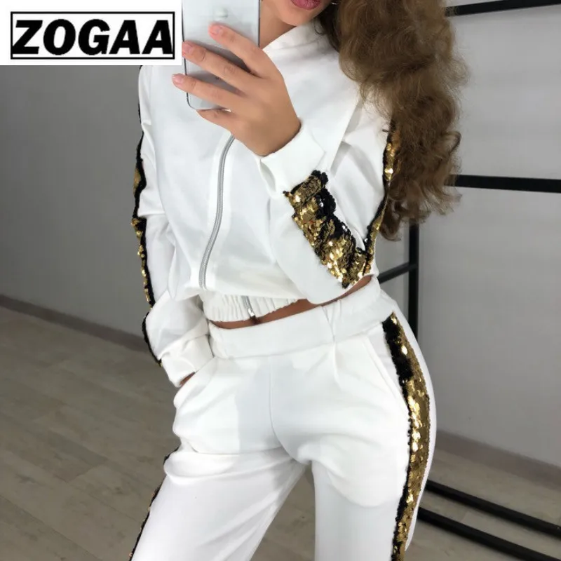 ZOGAA Женский комплект из 2 предметов, топ и штаны, Клубные наряды, спортивный костюм для женщин, нормкор/Минималистичная одежда на молнии с капюшоном