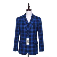 Folobe Stock Wool Blue Plaid English Style Men Suits Jacket Pants Formal Dress Men Suit Set wedding suits groom tuxedos M12