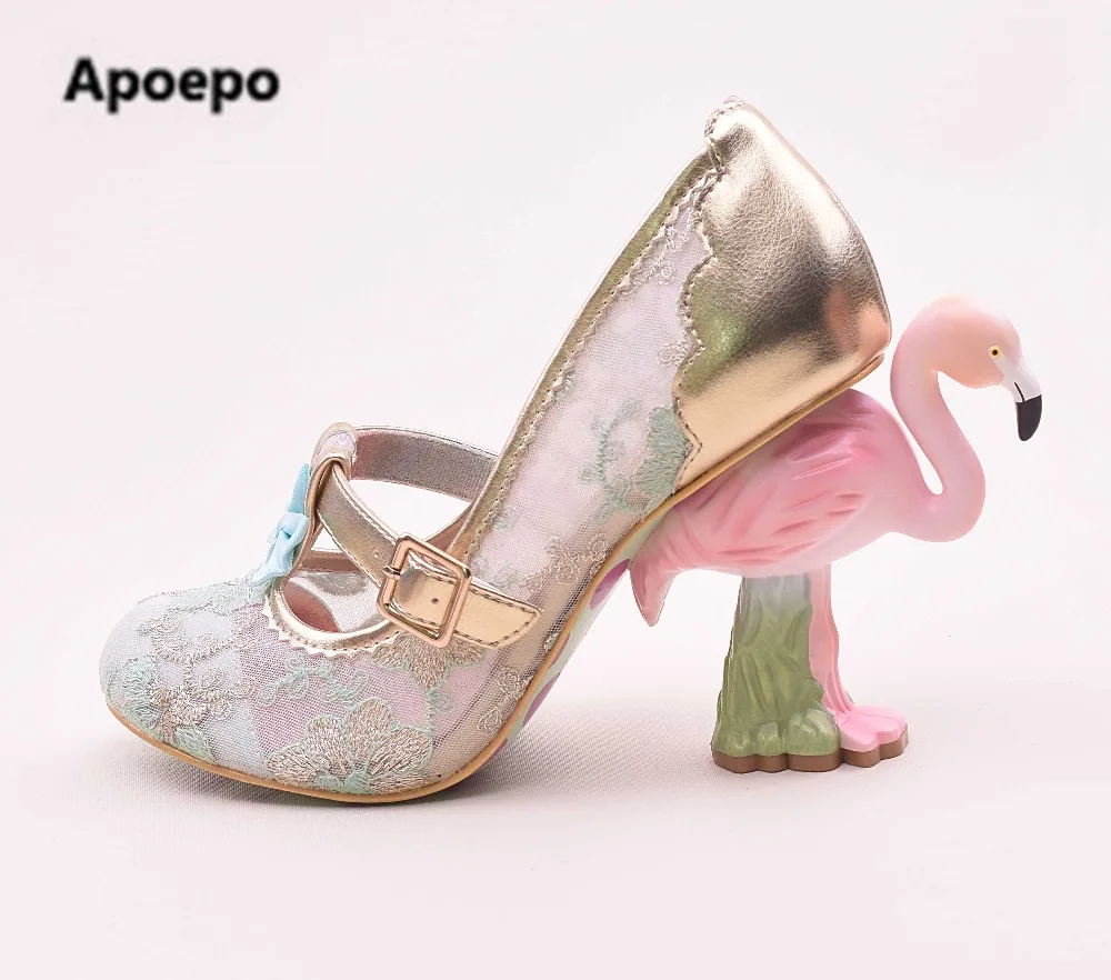 Selling brand design women shoes Flamingo strange style pumps novelty high heels pumps shoes women lace embroider party shoes