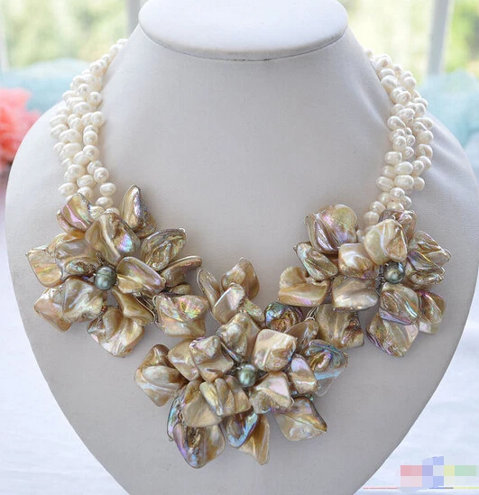 

Wholesale FREE SHIPPING > Handmade 3row 18" white rice pearl shell Knitting flower necklace p1593