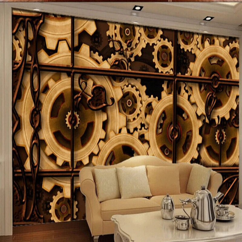 

Free shipping 3D nostalgic retro metal gears seamless background wallpaper murals KTV Bar Hotel Club Custom Size