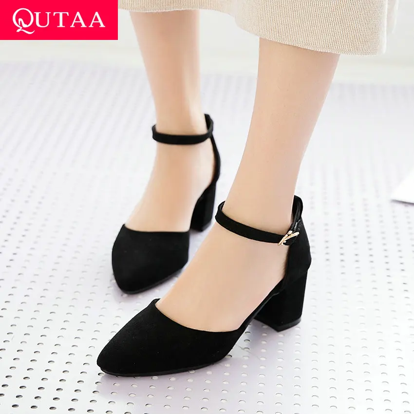 

QUTAA 2019 Women Pumps PU Leather Square High Heel Sexy Pointed Toe Hollow Buckle All Match Elegant Ladies Shoes Size 34-43